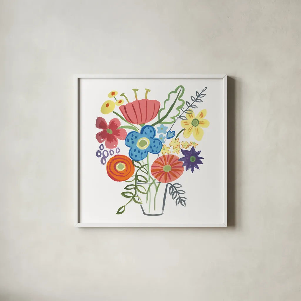 Floral Medley I by Farida Zaman. Shown in a crisp white glass frame for a clean and minimalist style. Available as an archival giclee rolled canvas, fine art paper, or poster print. SKU 33091a.