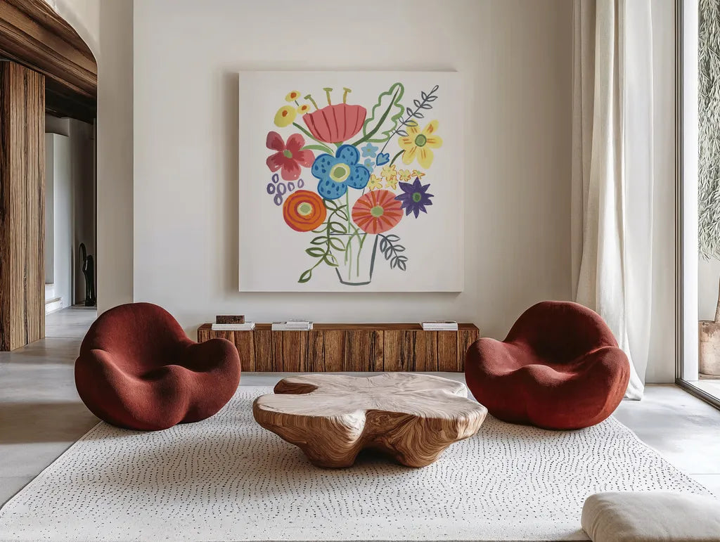 Floral Medley I by Farida Zaman. Shown as extra-large giant wall art in a modern living room. Available as an archival giclee rolled canvas, fine art paper, or poster print. SKU 33091a.