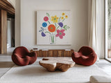 Floral Medley II by Farida Zaman. Shown as extra-large giant wall art in a modern living room. Available as an archival giclee rolled canvas, fine art paper, or poster print. SKU 33092a.