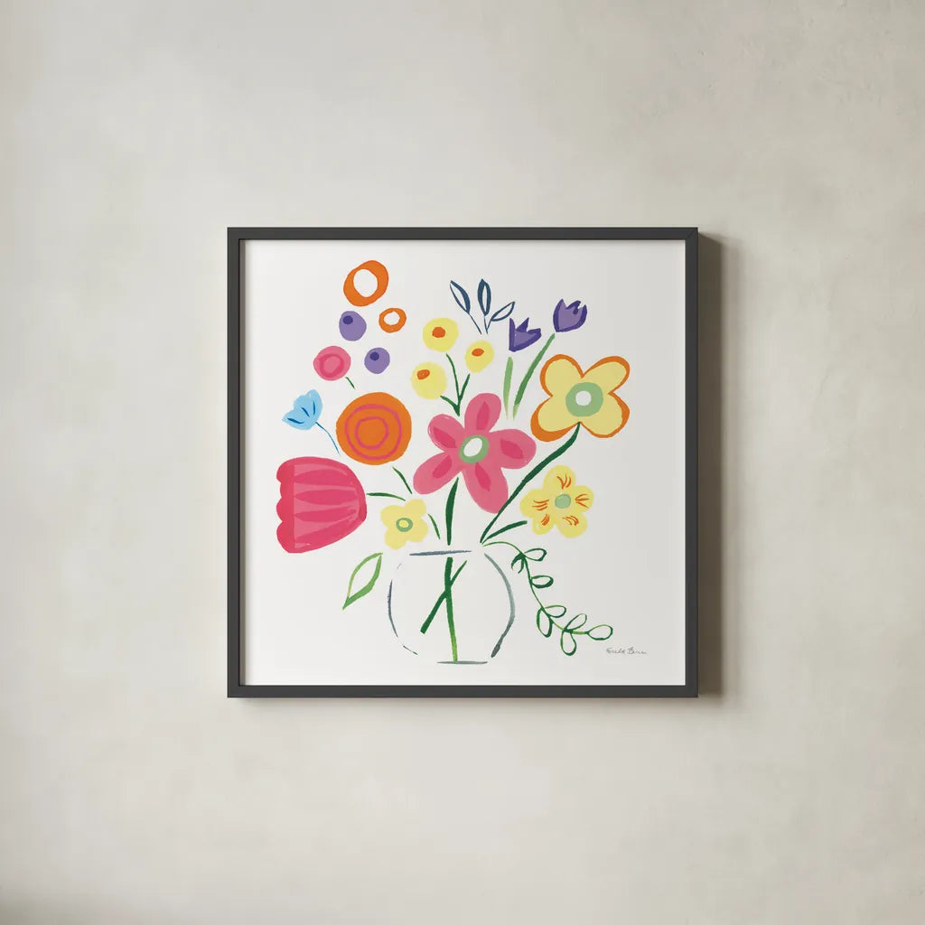 Floral Medley III by Farida Zaman. Shown in a sleek black glass frame for a contemporary gallery look. Available as an archival giclee rolled canvas, fine art paper, or poster print. SKU 33093a.