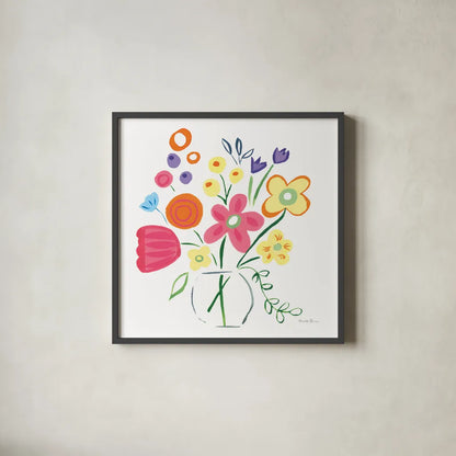 Floral Medley III by Farida Zaman. Shown in a sleek black glass frame for a contemporary gallery look. Available as an archival giclee rolled canvas, fine art paper, or poster print. SKU 33093a.