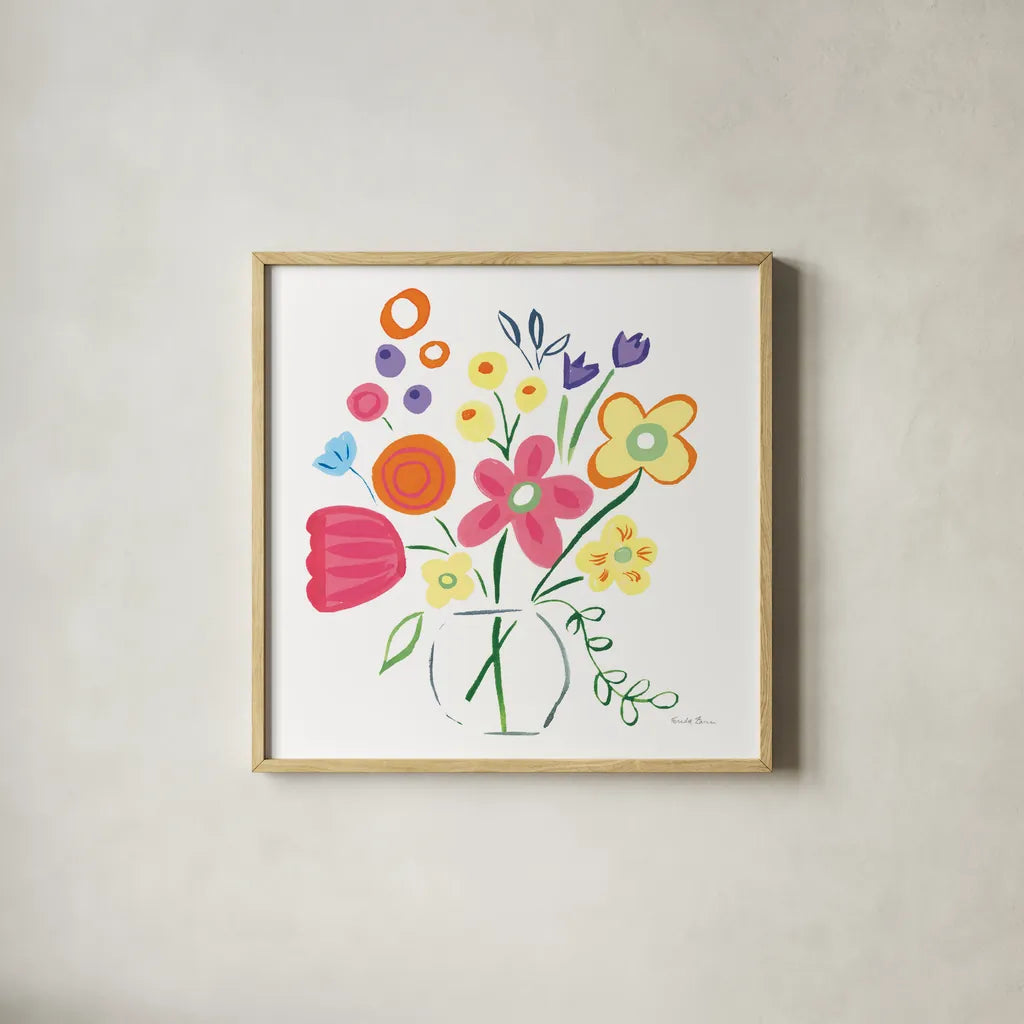 Floral Medley III by Farida Zaman. Shown in a natural wood glass frame for a timeless modern aesthetic. Available as an archival giclee rolled canvas, fine art paper, or poster print. SKU 33093a.