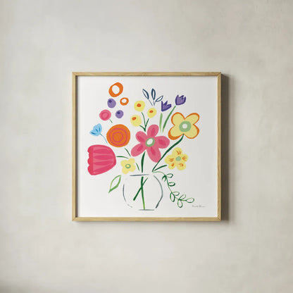 Floral Medley III by Farida Zaman. Shown in a natural wood glass frame for a timeless modern aesthetic. Available as an archival giclee rolled canvas, fine art paper, or poster print. SKU 33093a.