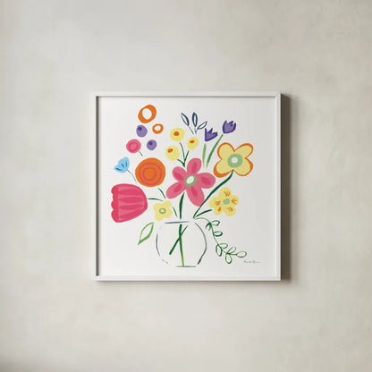 Floral Medley III by Farida Zaman. Shown in a crisp white glass frame for a clean and minimalist style. Available as an archival giclee rolled canvas, fine art paper, or poster print. SKU 33093a.