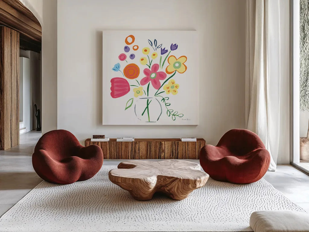 Floral Medley III by Farida Zaman. Shown as extra-large giant wall art in a modern living room. Available as an archival giclee rolled canvas, fine art paper, or poster print. SKU 33093a.