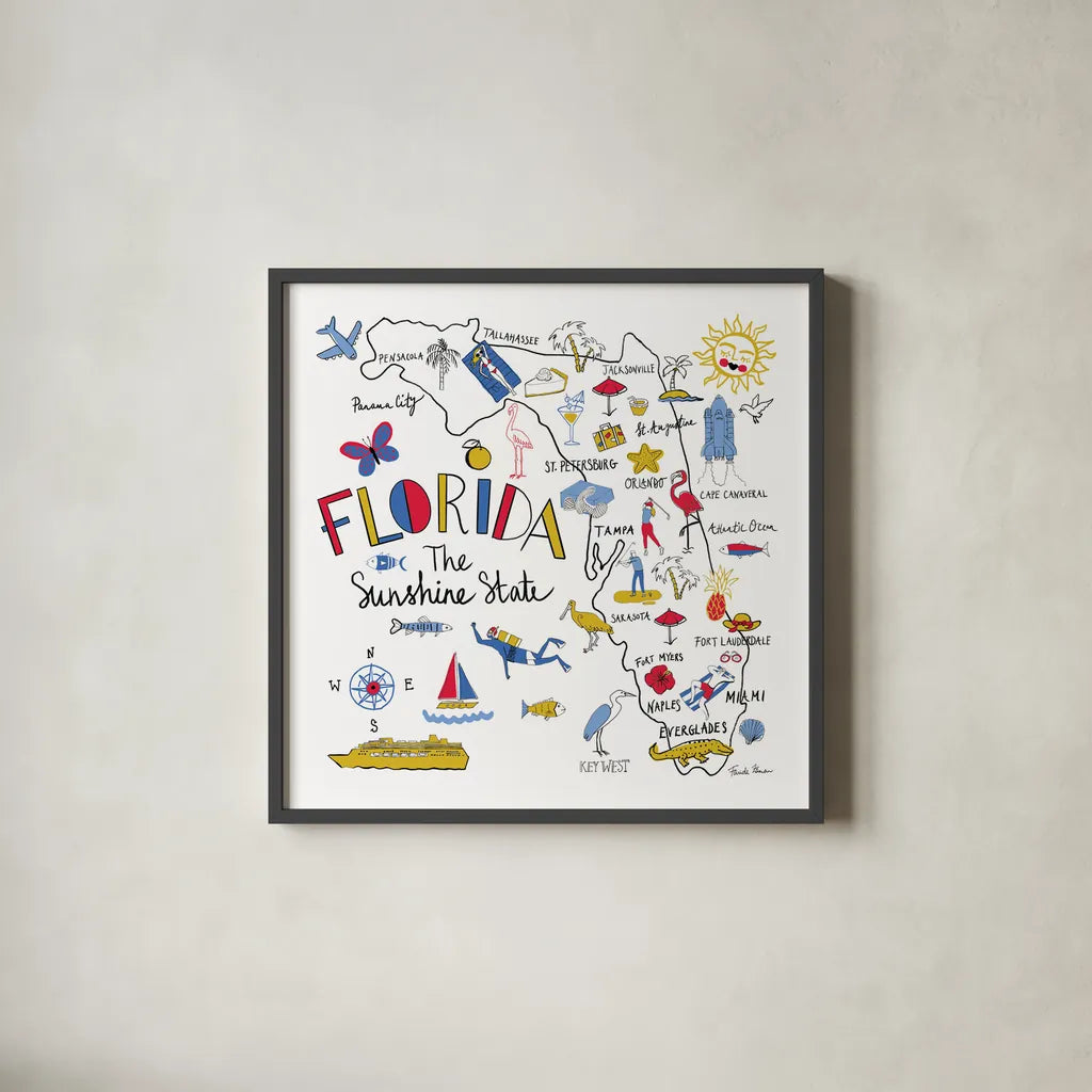 Florida by Farida Zaman. Shown in a sleek black glass frame for a contemporary gallery look. Available as an archival giclee rolled canvas, fine art paper, or poster print. SKU 63970a.