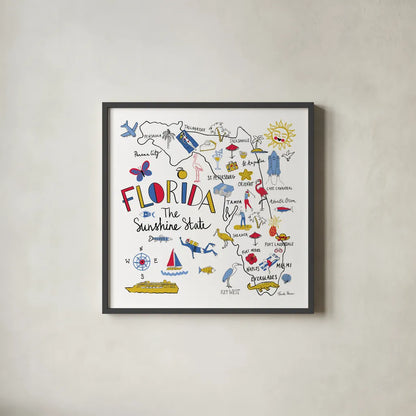 Florida by Farida Zaman. Shown in a sleek black glass frame for a contemporary gallery look. Available as an archival giclee rolled canvas, fine art paper, or poster print. SKU 63970a.