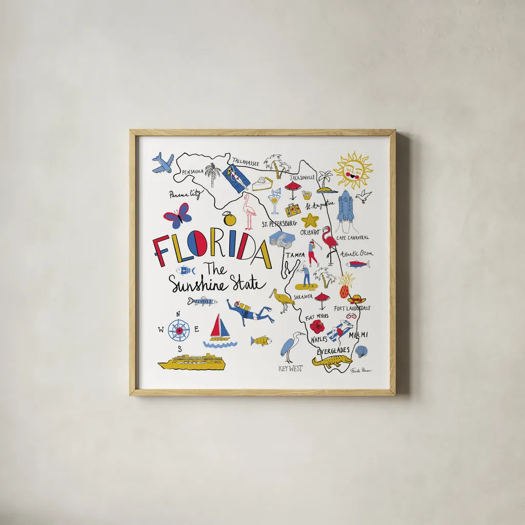 Florida by Farida Zaman. Shown in a natural wood glass frame for a timeless modern aesthetic. Available as an archival giclee rolled canvas, fine art paper, or poster print. SKU 63970a.
