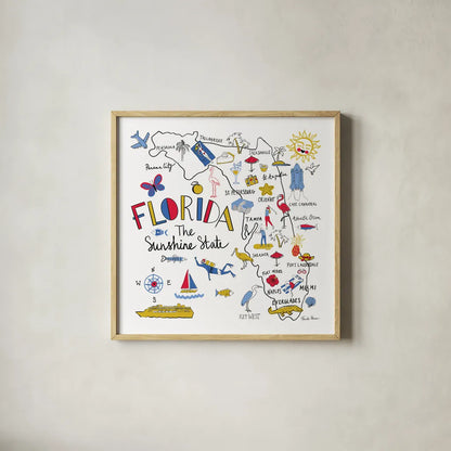 Florida by Farida Zaman. Shown in a natural wood glass frame for a timeless modern aesthetic. Available as an archival giclee rolled canvas, fine art paper, or poster print. SKU 63970a.