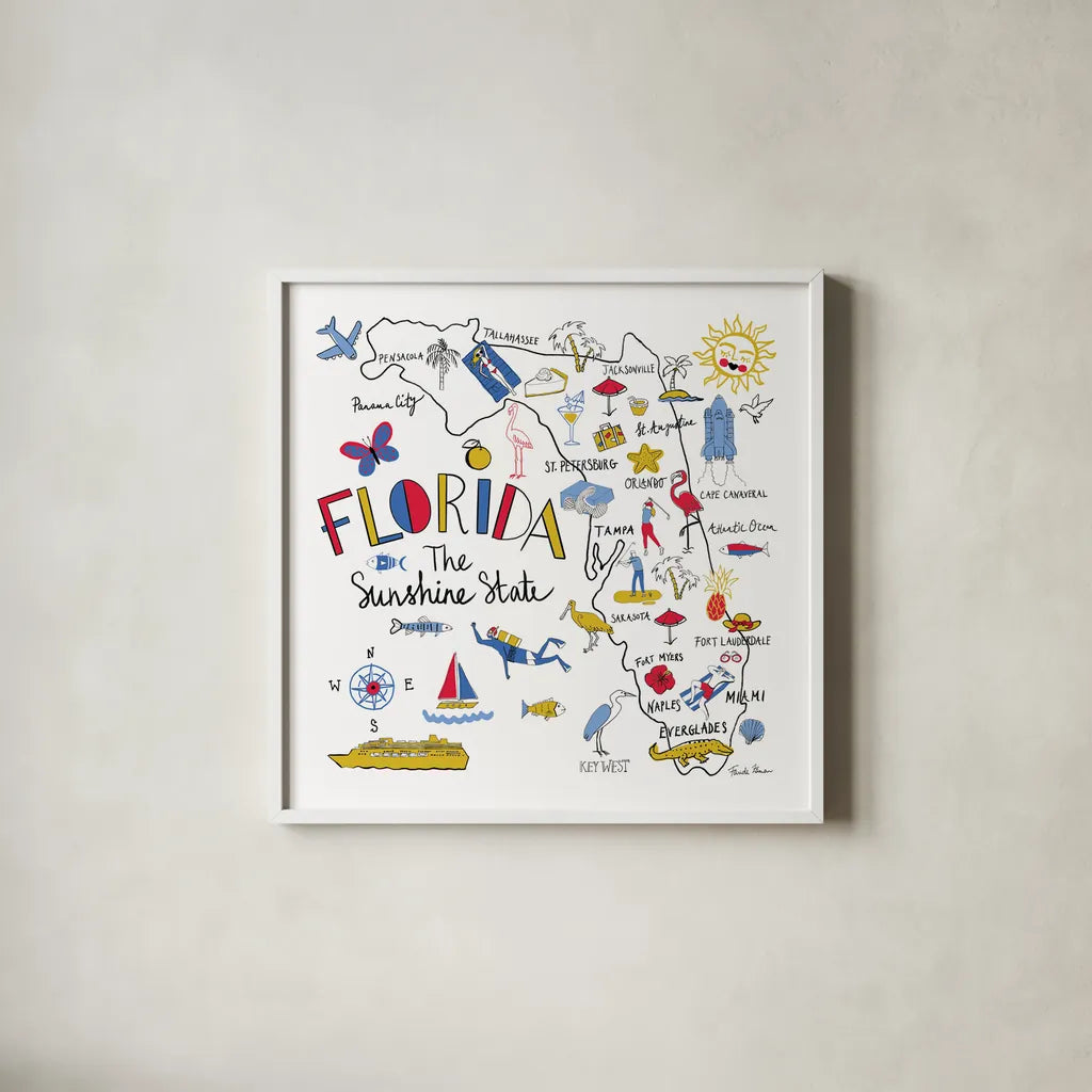 Florida by Farida Zaman. Shown in a crisp white glass frame for a clean and minimalist style. Available as an archival giclee rolled canvas, fine art paper, or poster print. SKU 63970a.