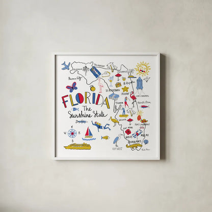 Florida by Farida Zaman. Shown in a crisp white glass frame for a clean and minimalist style. Available as an archival giclee rolled canvas, fine art paper, or poster print. SKU 63970a.