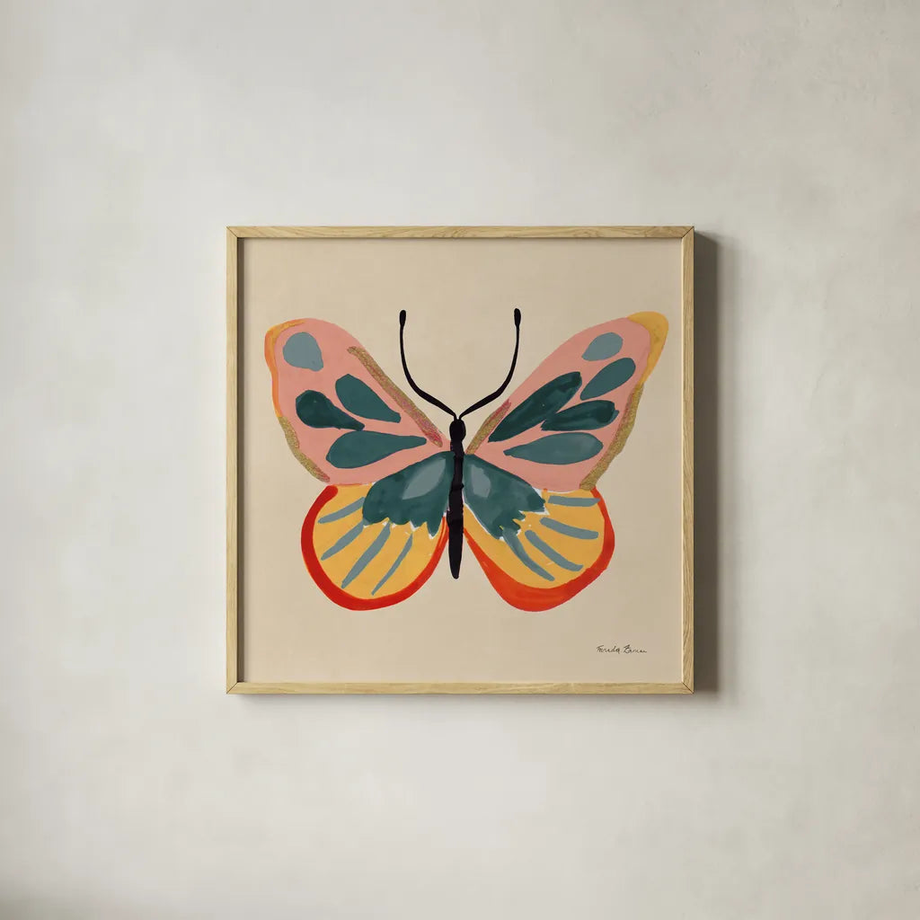 Fluttering I by Farida Zaman. Shown in a natural wood glass frame for a timeless modern aesthetic. Available as an archival giclee rolled canvas, fine art paper, or poster print. SKU 92739a.