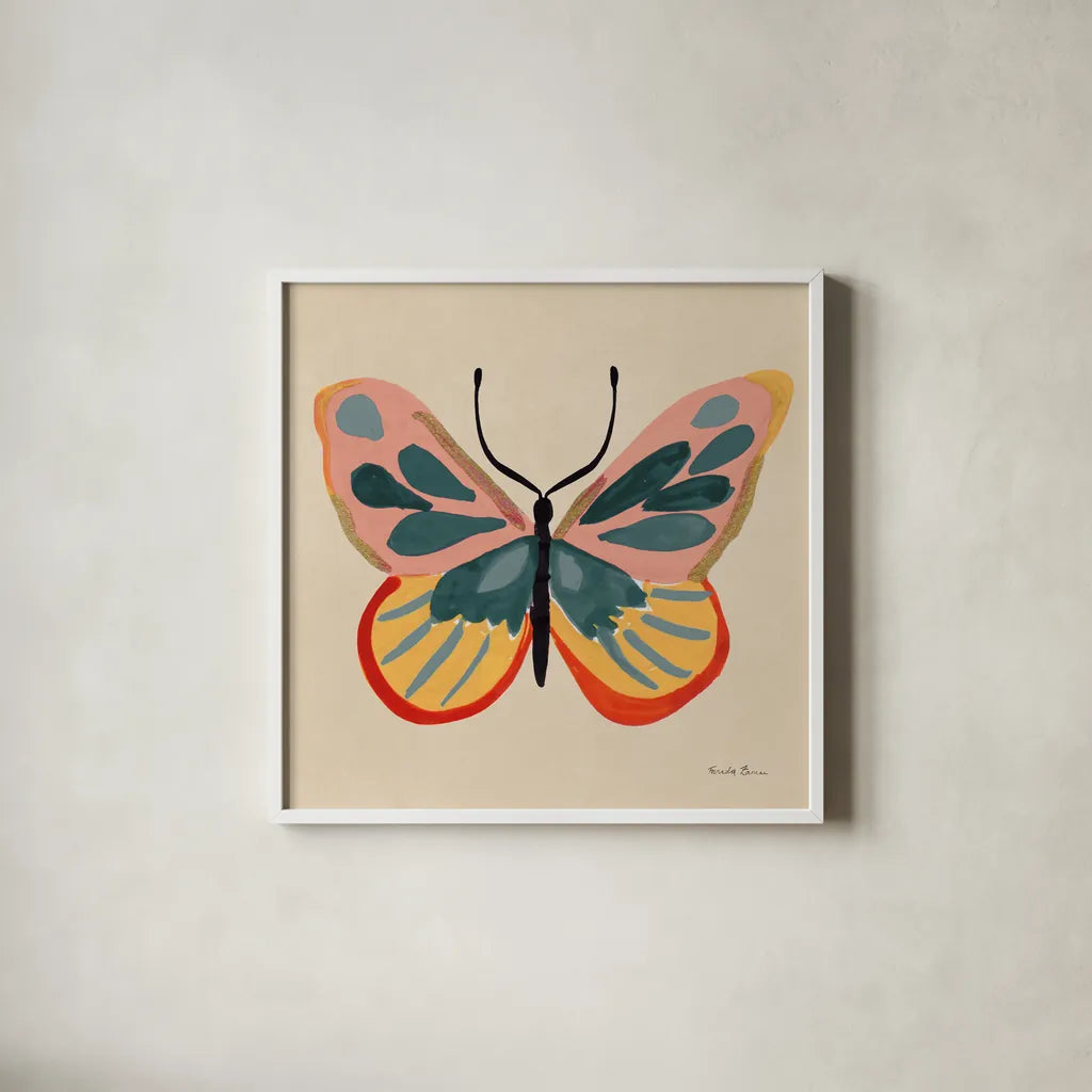 Fluttering I by Farida Zaman. Shown in a crisp white glass frame for a clean and minimalist style. Available as an archival giclee rolled canvas, fine art paper, or poster print. SKU 92739a.