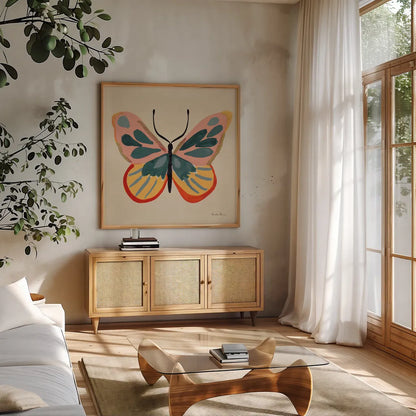 Fluttering I by Farida Zaman. Shown in a natural wood frame in a cozy modern living room. Available as an archival giclee rolled canvas, fine art paper, or poster print. SKU 92739a.