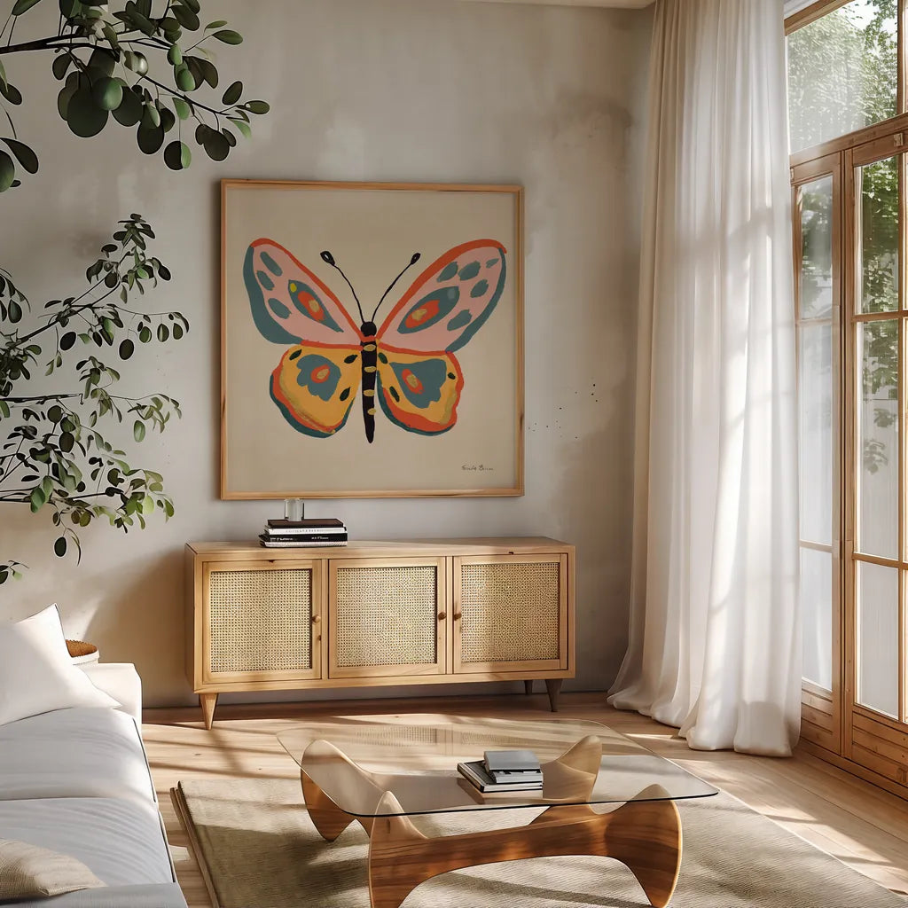 Fluttering II by Farida Zaman. Shown in a natural wood frame in a cozy modern living room. Available as an archival giclee rolled canvas, fine art paper, or poster print. SKU 92740a.