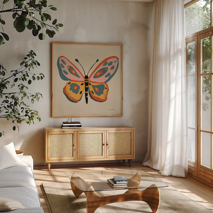 Fluttering II by Farida Zaman. Shown in a natural wood frame in a cozy modern living room. Available as an archival giclee rolled canvas, fine art paper, or poster print. SKU 92740a.
