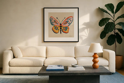 Fluttering II by Farida Zaman. Displayed in a glass frame with matte in a clean modern living room. Available as an archival giclee rolled canvas, fine art paper, or poster print. SKU 92740a.
