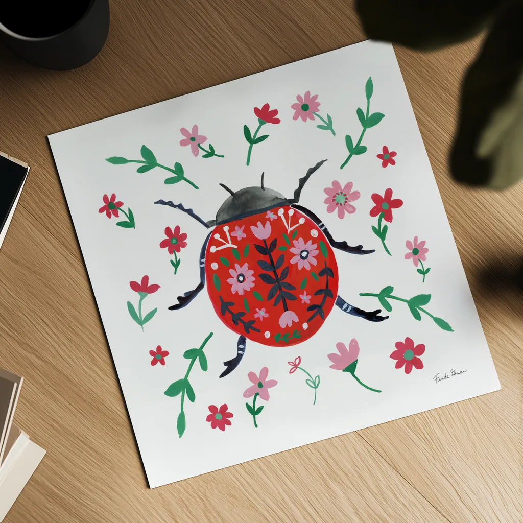 Folk Beetle I by Farida Zaman. Shown as a detailed flat fine art print, highlighting archival giclee quality. Available as an archival giclee rolled canvas, fine art paper, or poster print. SKU 71999a.