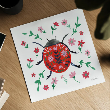Folk Beetle I by Farida Zaman. Shown as a detailed flat fine art print, highlighting archival giclee quality. Available as an archival giclee rolled canvas, fine art paper, or poster print. SKU 71999a.