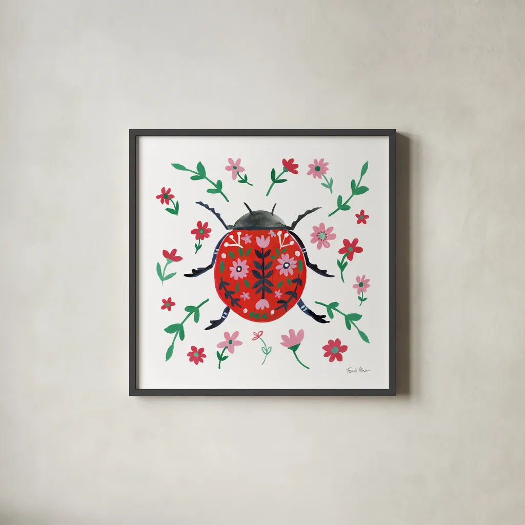 Folk Beetle I by Farida Zaman. Shown in a sleek black glass frame for a contemporary gallery look. Available as an archival giclee rolled canvas, fine art paper, or poster print. SKU 71999a.