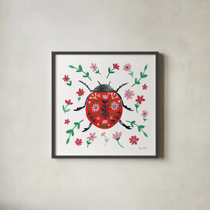Folk Beetle I by Farida Zaman. Shown in a sleek black glass frame for a contemporary gallery look. Available as an archival giclee rolled canvas, fine art paper, or poster print. SKU 71999a.