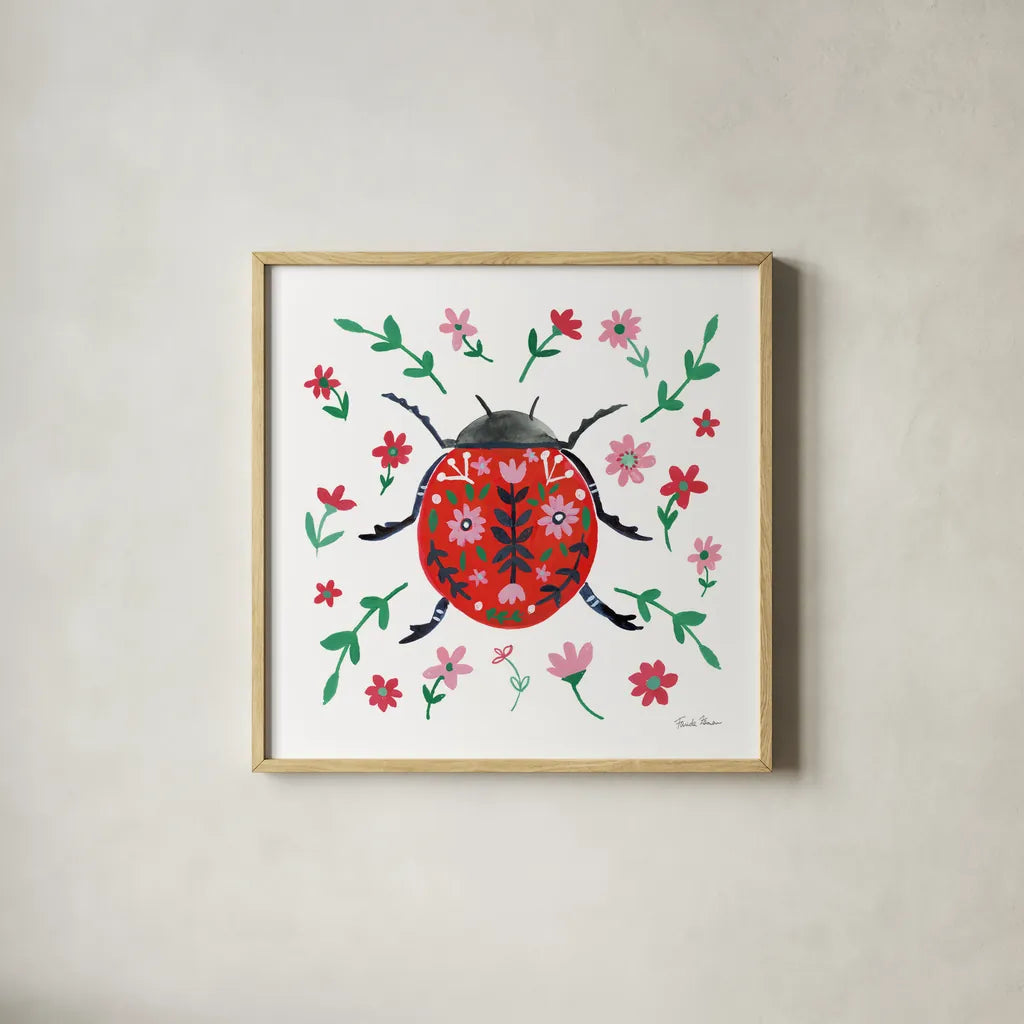 Folk Beetle I by Farida Zaman. Shown in a natural wood glass frame for a timeless modern aesthetic. Available as an archival giclee rolled canvas, fine art paper, or poster print. SKU 71999a.