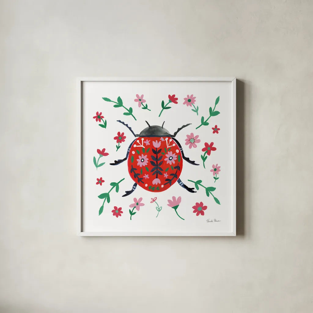 Folk Beetle I by Farida Zaman. Shown in a crisp white glass frame for a clean and minimalist style. Available as an archival giclee rolled canvas, fine art paper, or poster print. SKU 71999a.