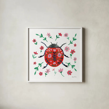 Folk Beetle I by Farida Zaman. Shown in a crisp white glass frame for a clean and minimalist style. Available as an archival giclee rolled canvas, fine art paper, or poster print. SKU 71999a.