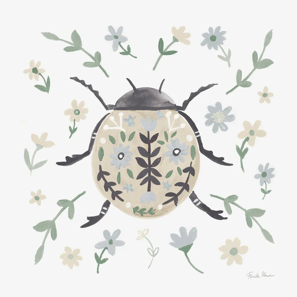 Folk Beetle I Neutral by Farida Zaman. SKU 79489a. Archival Giclee Fine art print for wall decor.