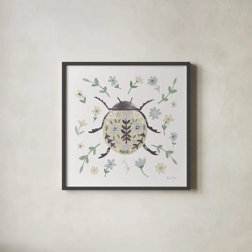 Folk Beetle I Neutral by Farida Zaman. Shown in a sleek black glass frame for a contemporary gallery look. Available as an archival giclee rolled canvas, fine art paper, or poster print. SKU 79489a.