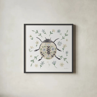 Folk Beetle I Neutral by Farida Zaman. Shown in a sleek black glass frame for a contemporary gallery look. Available as an archival giclee rolled canvas, fine art paper, or poster print. SKU 79489a.