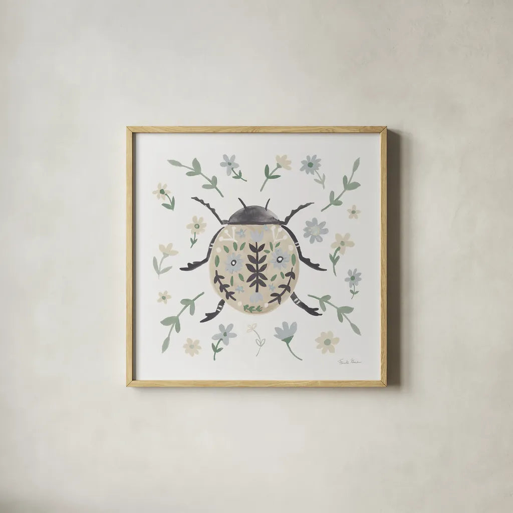 Folk Beetle I Neutral by Farida Zaman. Shown in a natural wood glass frame for a timeless modern aesthetic. Available as an archival giclee rolled canvas, fine art paper, or poster print. SKU 79489a.