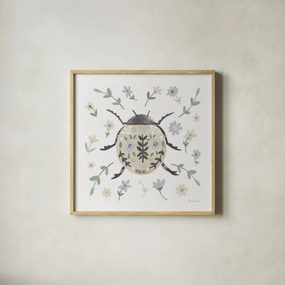 Folk Beetle I Neutral by Farida Zaman. Shown in a natural wood glass frame for a timeless modern aesthetic. Available as an archival giclee rolled canvas, fine art paper, or poster print. SKU 79489a.