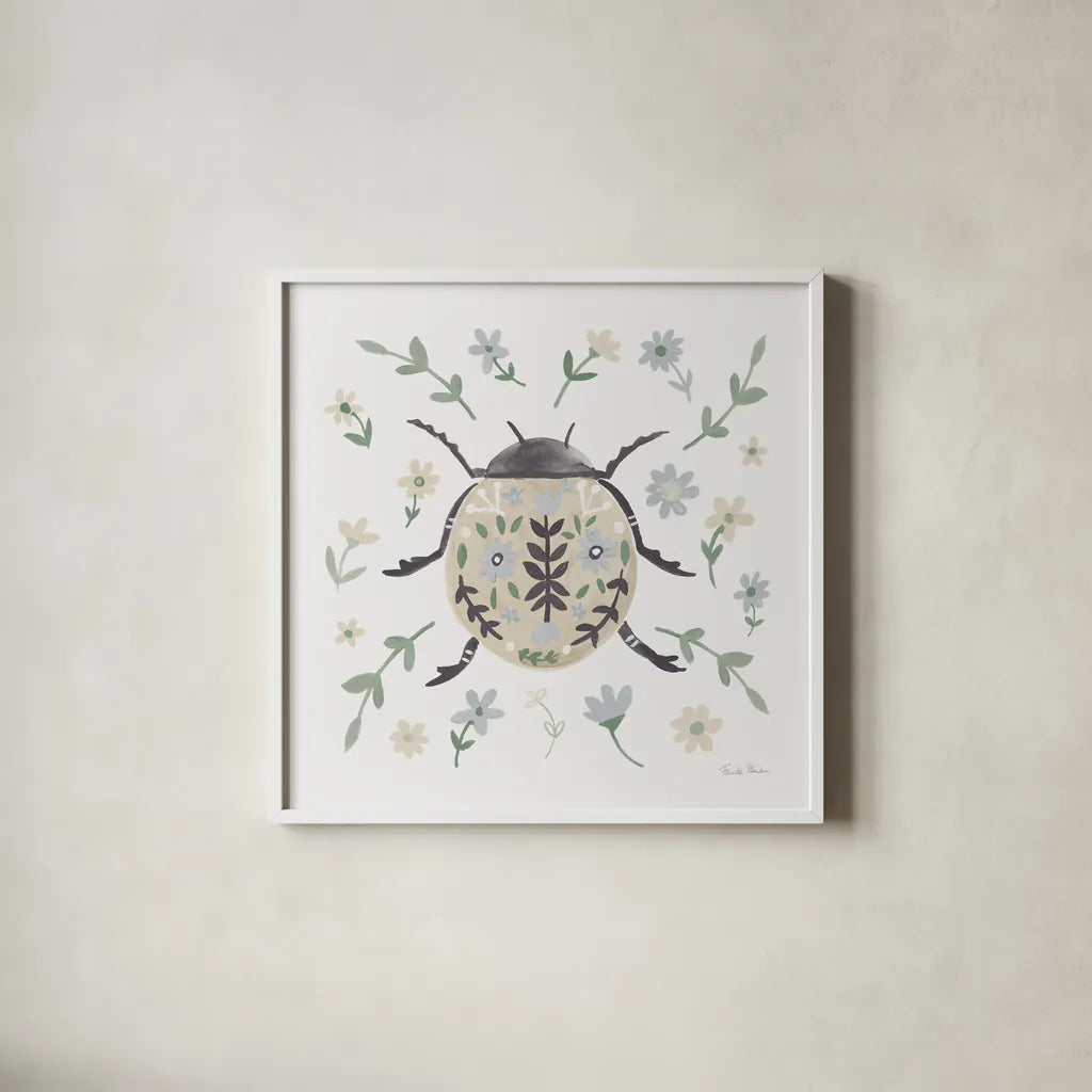 Folk Beetle I Neutral by Farida Zaman. Shown in a crisp white glass frame for a clean and minimalist style. Available as an archival giclee rolled canvas, fine art paper, or poster print. SKU 79489a.