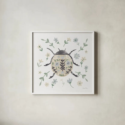 Folk Beetle I Neutral by Farida Zaman. Shown in a crisp white glass frame for a clean and minimalist style. Available as an archival giclee rolled canvas, fine art paper, or poster print. SKU 79489a.