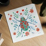 Folk Beetle II by Farida Zaman. Shown as a detailed flat fine art print, highlighting archival giclee quality. Available as an archival giclee rolled canvas, fine art paper, or poster print. SKU 72000a.