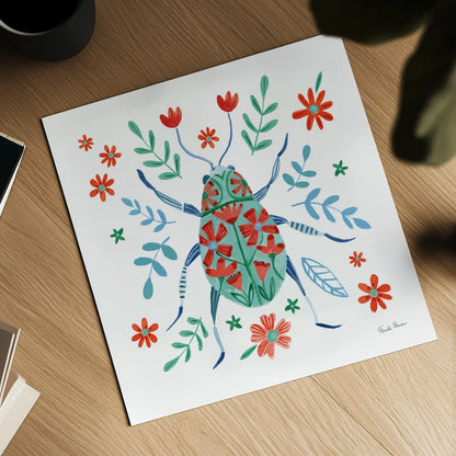 Folk Beetle II by Farida Zaman. Shown as a detailed flat fine art print, highlighting archival giclee quality. Available as an archival giclee rolled canvas, fine art paper, or poster print. SKU 72000a.
