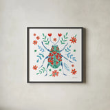 Folk Beetle II by Farida Zaman. Shown in a sleek black glass frame for a contemporary gallery look. Available as an archival giclee rolled canvas, fine art paper, or poster print. SKU 72000a.