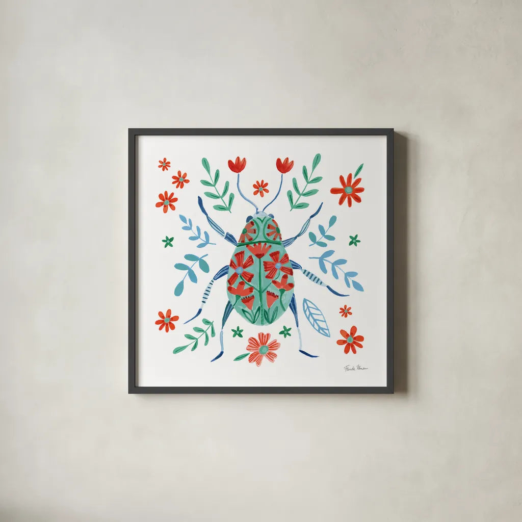 Folk Beetle II by Farida Zaman. Shown in a sleek black glass frame for a contemporary gallery look. Available as an archival giclee rolled canvas, fine art paper, or poster print. SKU 72000a.