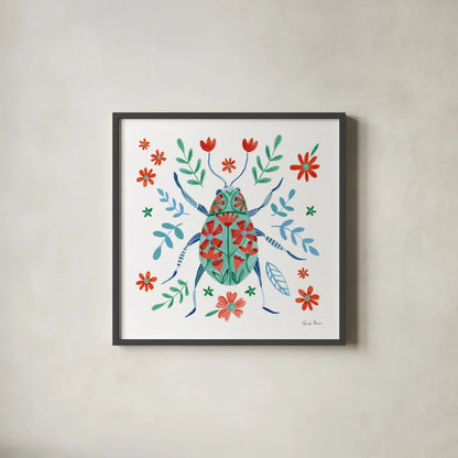 Folk Beetle II by Farida Zaman. Shown in a sleek black glass frame for a contemporary gallery look. Available as an archival giclee rolled canvas, fine art paper, or poster print. SKU 72000a.