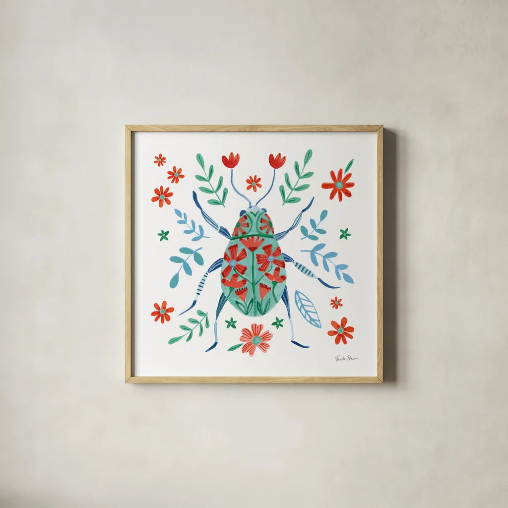 Folk Beetle II by Farida Zaman. Shown in a natural wood glass frame for a timeless modern aesthetic. Available as an archival giclee rolled canvas, fine art paper, or poster print. SKU 72000a.