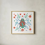 Folk Beetle II by Farida Zaman. Shown in a natural wood glass frame for a timeless modern aesthetic. Available as an archival giclee rolled canvas, fine art paper, or poster print. SKU 72000a.