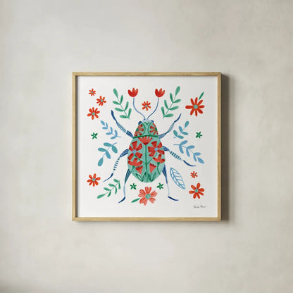 Folk Beetle II by Farida Zaman. Shown in a natural wood glass frame for a timeless modern aesthetic. Available as an archival giclee rolled canvas, fine art paper, or poster print. SKU 72000a.