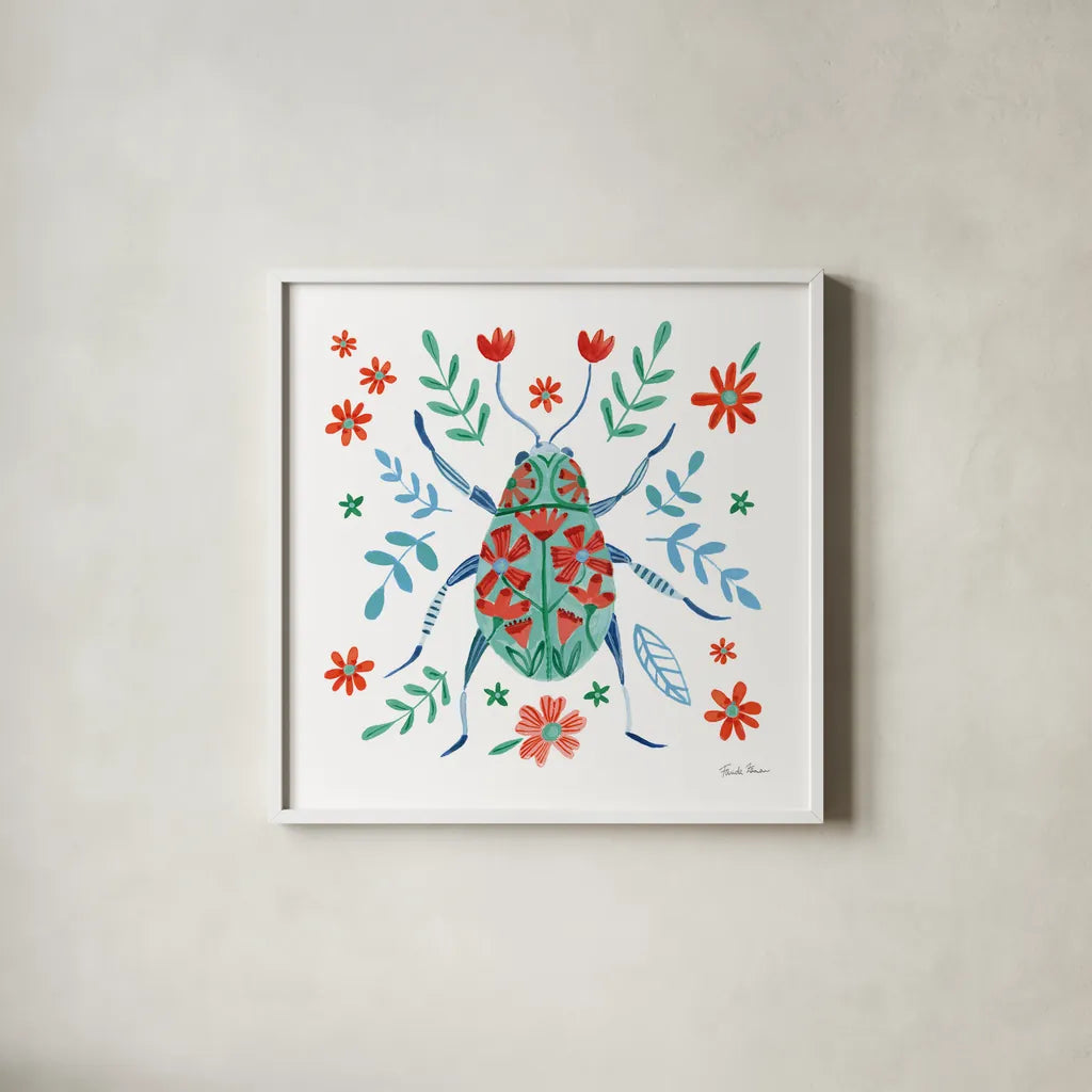 Folk Beetle II by Farida Zaman. Shown in a crisp white glass frame for a clean and minimalist style. Available as an archival giclee rolled canvas, fine art paper, or poster print. SKU 72000a.