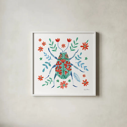 Folk Beetle II by Farida Zaman. Shown in a crisp white glass frame for a clean and minimalist style. Available as an archival giclee rolled canvas, fine art paper, or poster print. SKU 72000a.