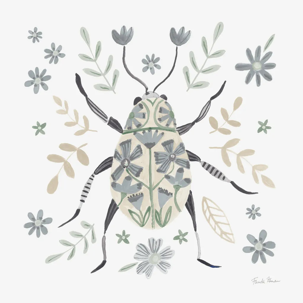 Folk Beetle II Neutral by Farida Zaman. SKU 79490a. Archival Giclee Fine art print for wall decor.