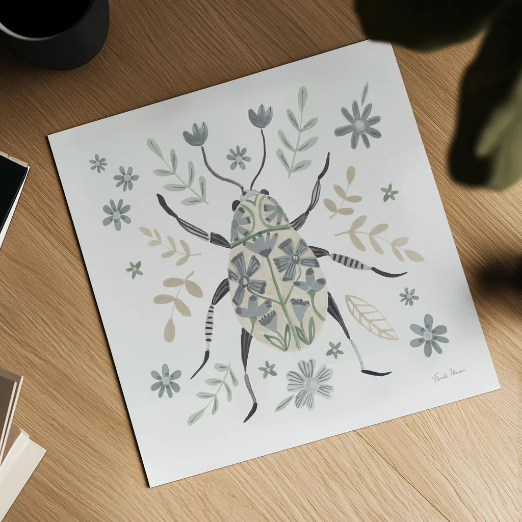 Folk Beetle II Neutral by Farida Zaman. Shown as a detailed flat fine art print, highlighting archival giclee quality. Available as an archival giclee rolled canvas, fine art paper, or poster print. SKU 79490a.