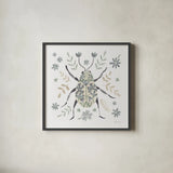 Folk Beetle II Neutral by Farida Zaman. Shown in a sleek black glass frame for a contemporary gallery look. Available as an archival giclee rolled canvas, fine art paper, or poster print. SKU 79490a.