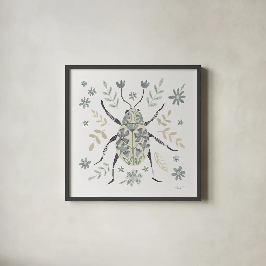 Folk Beetle II Neutral by Farida Zaman. Shown in a sleek black glass frame for a contemporary gallery look. Available as an archival giclee rolled canvas, fine art paper, or poster print. SKU 79490a.