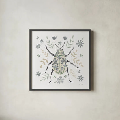 Folk Beetle II Neutral by Farida Zaman. Shown in a sleek black glass frame for a contemporary gallery look. Available as an archival giclee rolled canvas, fine art paper, or poster print. SKU 79490a.